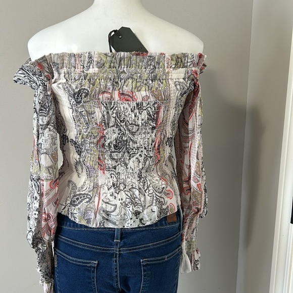 ALL SAINTS Lara Makutu Top Soft Pink Off the Shoulder Shirt Paisley Sz 6 NEW - Picture 8 of 13
